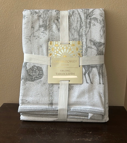 Cynthia Rowley Christmas Tablecloth Oblong Stag Deer Silver Gray New