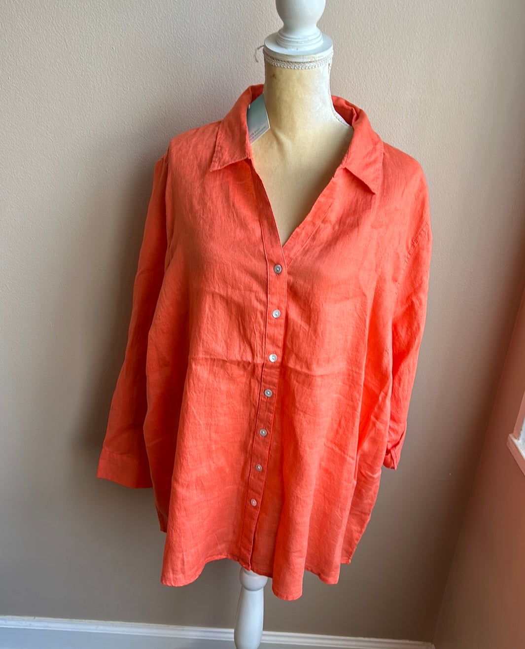 Sigrid Olsen Womens Plus Sz 3X Linen Shirt Tunic Top New Orange Roll Tab Sleeve