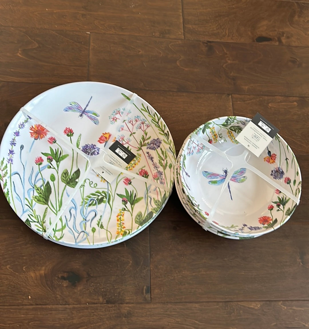 Rachel Ashwell Melamine 4 Dinner Plates 4 Salad Bowls Floral Dragonfly Lavender