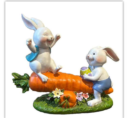 Cute Easter Baby Bunny Playing On A Carrot New 10.5” Tall