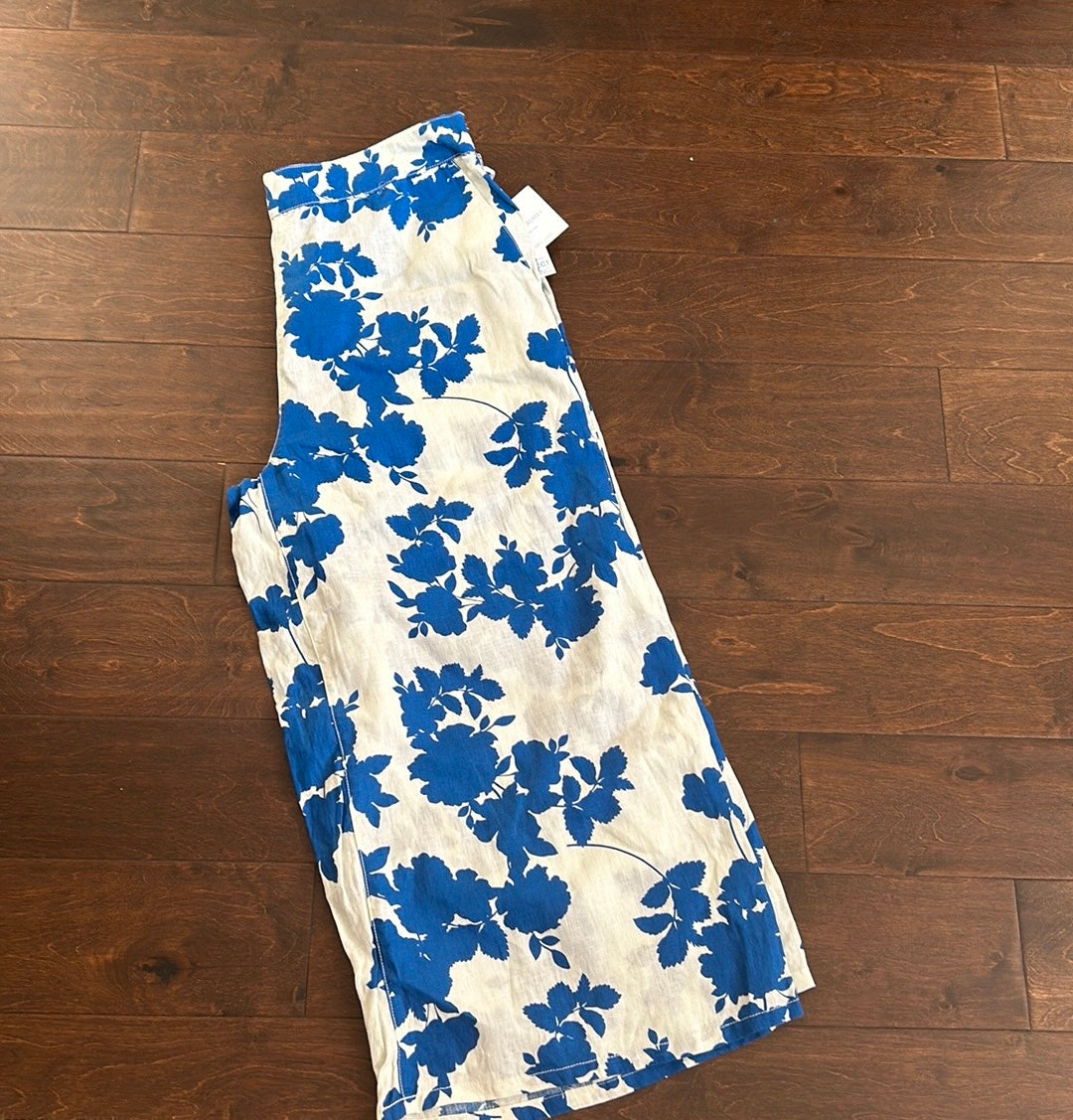 Cynthia Rowley Womens Pants Wide Leg Sz XL Blue White Floral New Linen Capri