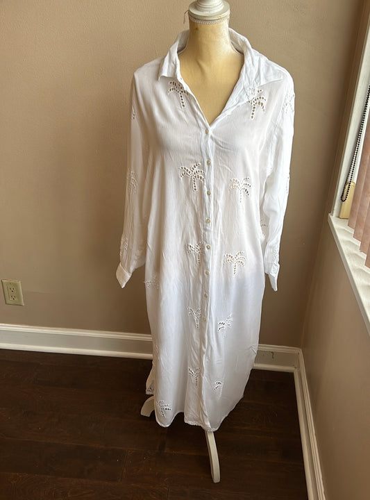 Blue Island Women’s Long White Coverup Eyelet Palm Trees Sz XL