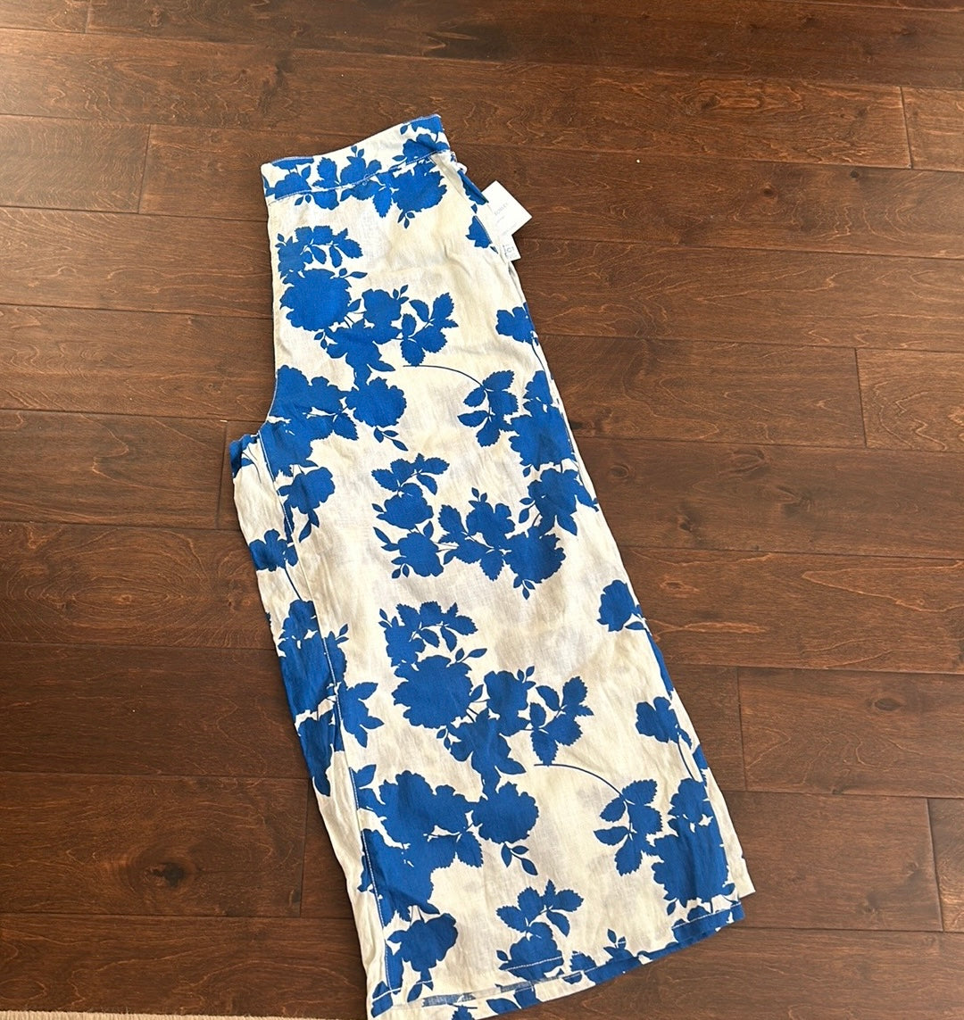 Cynthia Rowley Womens Pants Wide Leg Sz XL Blue White Floral New Linen Capri