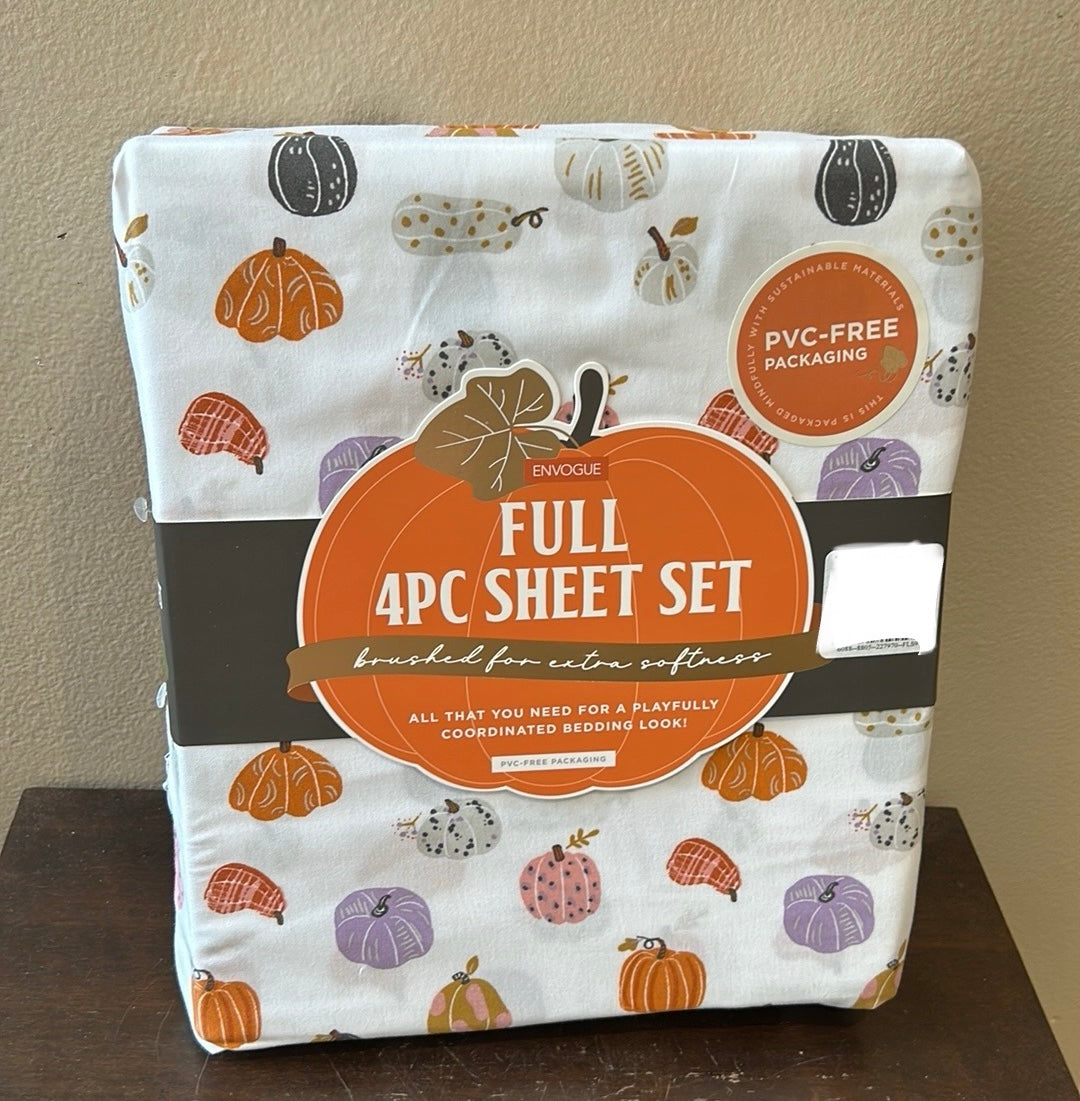 Envogue 4 Pc Full Sheet Set New Pumpkin Print Fall Thanksgiving