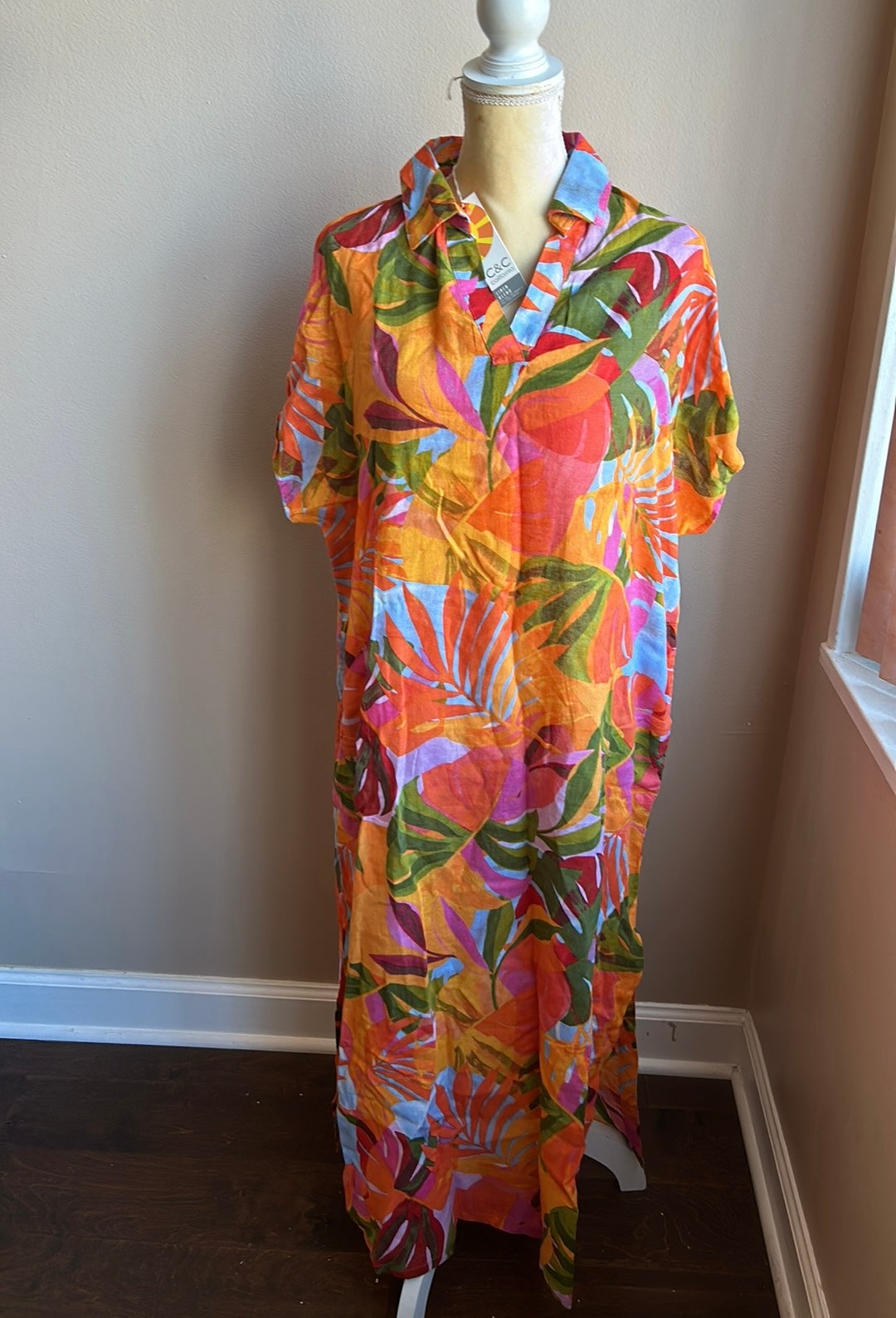 C & C California Women’s Tropical Palm  Fronds Coverup Maxi Long XL Linen Blend