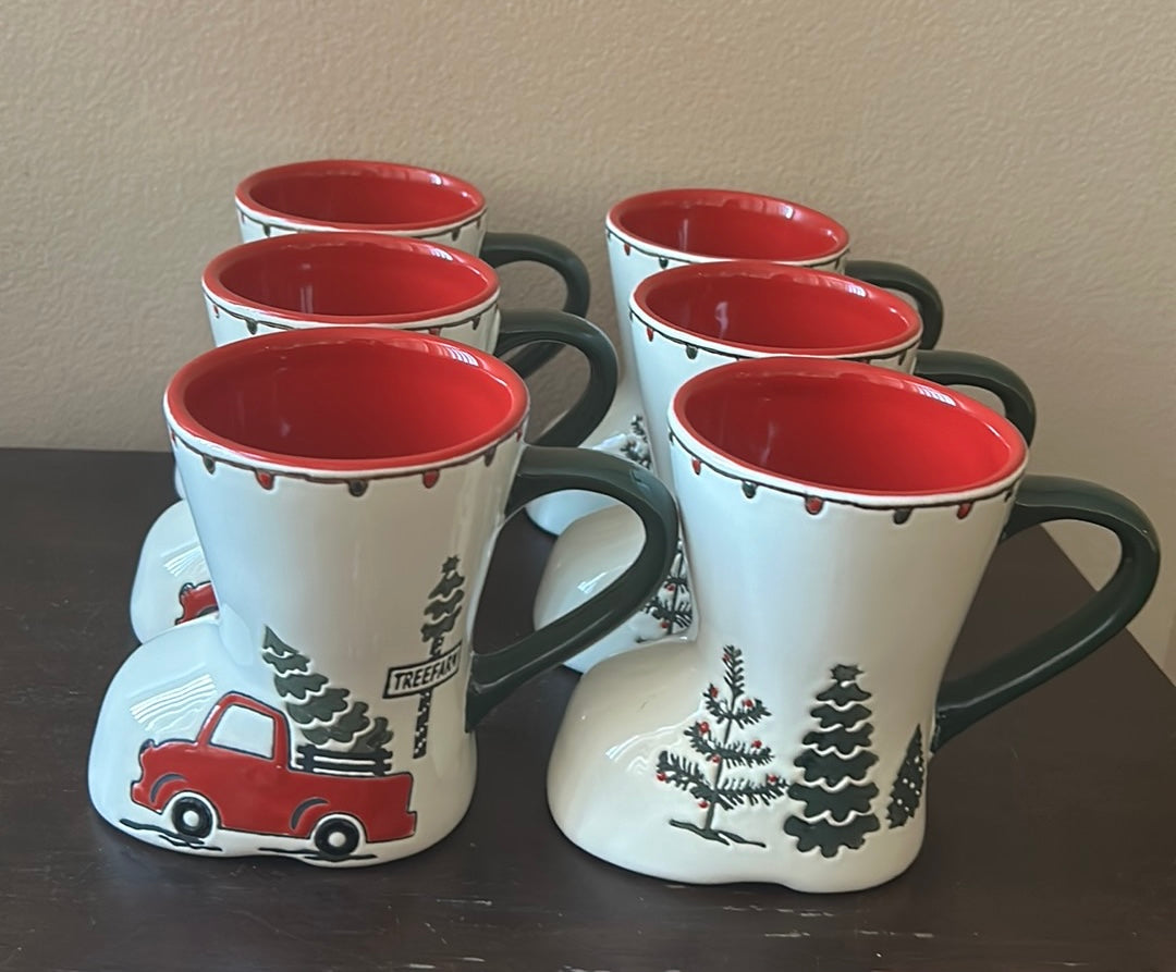 Potters Studio Set Of 6 Boot Shaped Whimsical Christmas Tree Red Truck Cup Mug