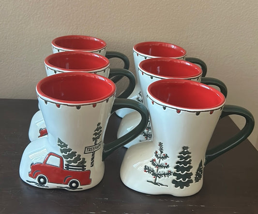 Potters Studio Set Of 6 Boot Shaped Whimsical Christmas Tree Red Truck Cup Mug