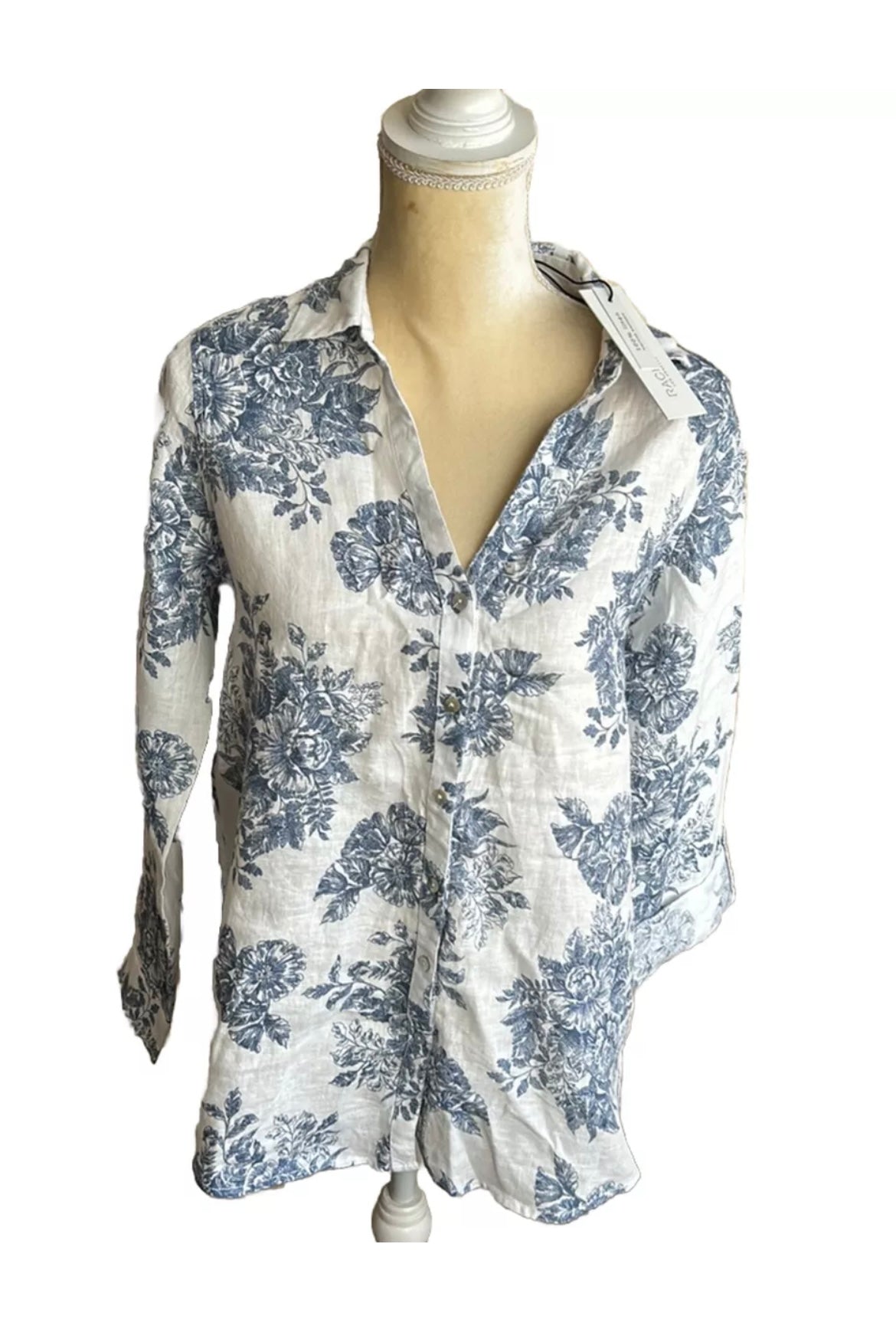 Rachel Zoe Womens Linen Shirt Blouse New Blue White Floral