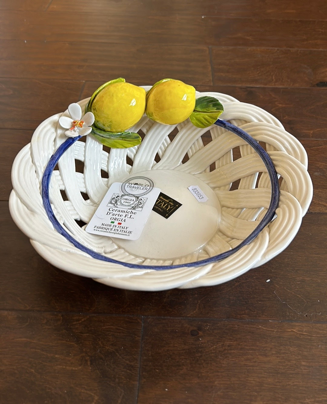 Ceramiche D’arte Handmade Basket Weave Bowl wth Sculpted Lemons from Italy 10.5”