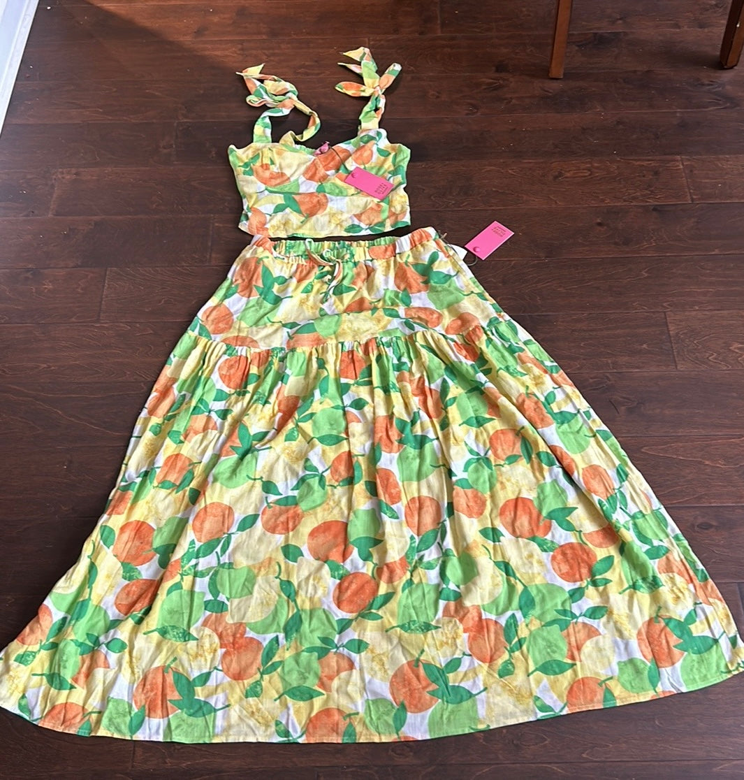 Rose & Ive 2 Pc Skirt & Crop Top Set Lemons Oranges New