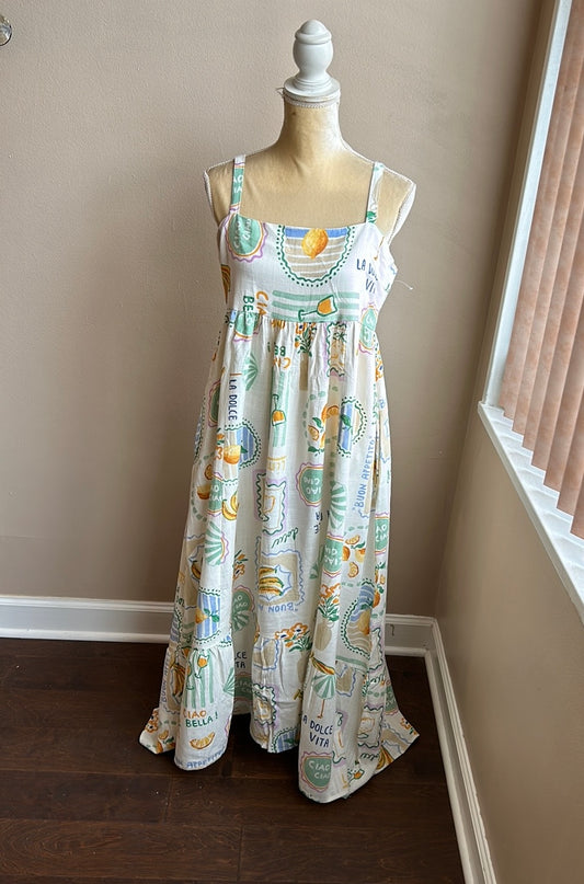 Paper Heart Womens Italian Theme Dress Linen Blend Fruits Dolce Vita New