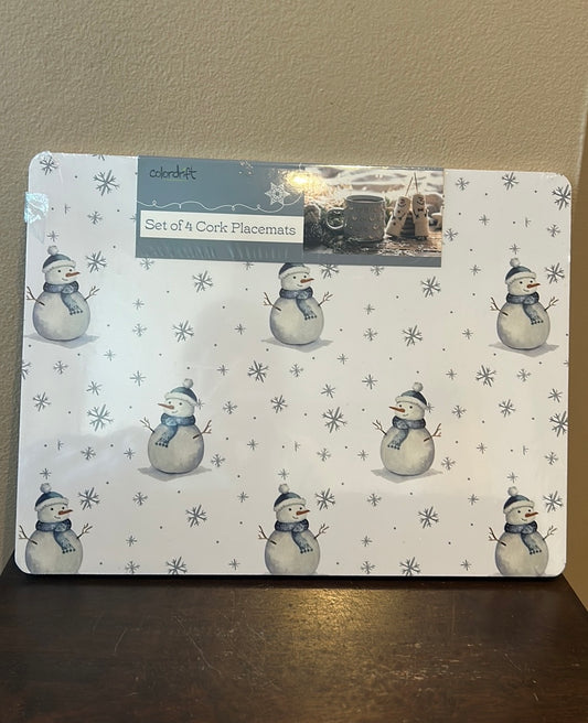 Colordrift  Set of 4 Placemats Christmas Snowman Snowflakes Cork