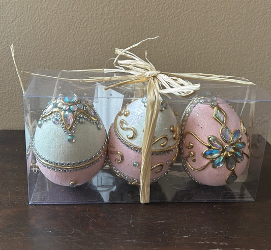 Easter Pink Embellished EGG Jewel Crystal Egg Tabletop Decor 5" Set of 3