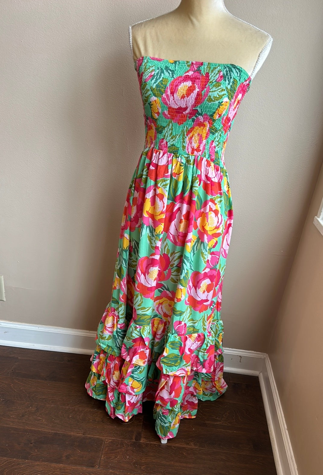 Abel the Label Anthropologie Mimosa  Maxi Dress M Smocking Strapless New Floral