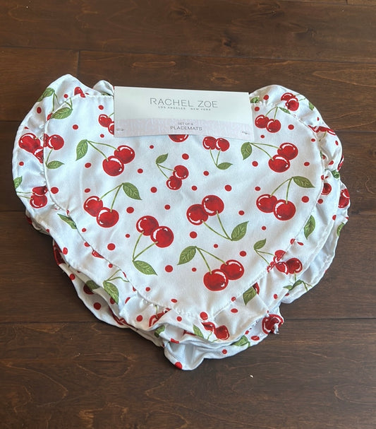 Rachel Zoe 4 Heart Shape Red Cherries Placemats Valentines Day New Ruffled