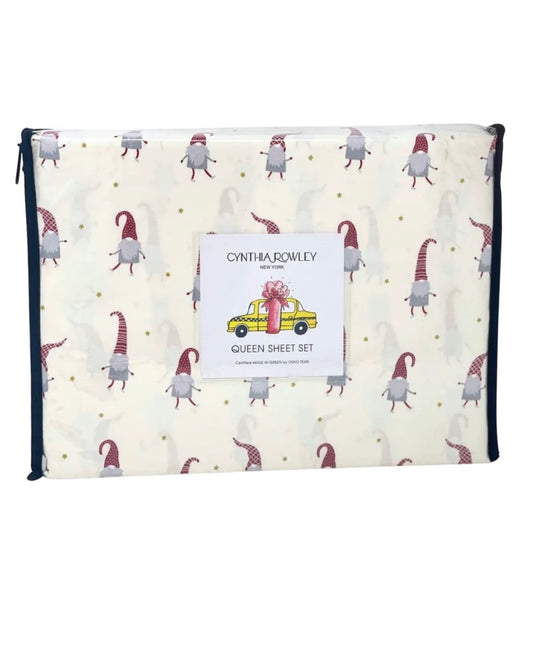 Cynthia Rowley Queen Christmas Happy Festive Gnomes Stars Designer Sheet set