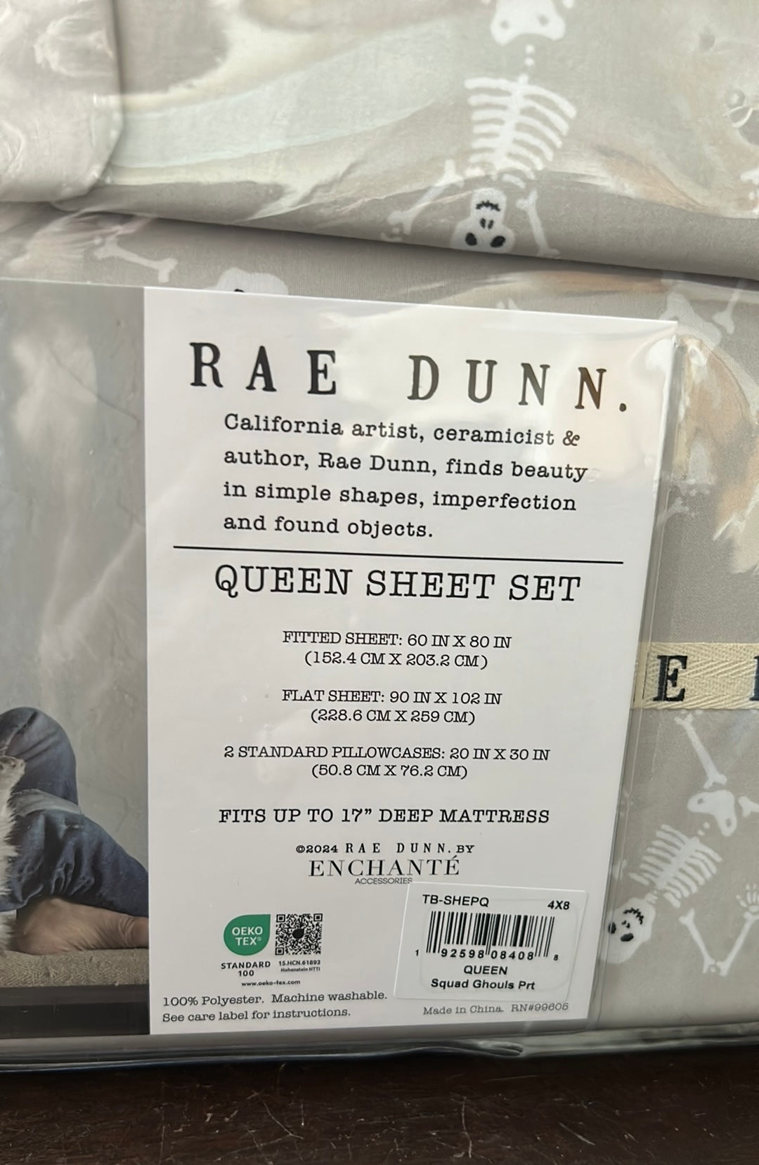 Rae Dunn Halloween Gray QUEEN SHEET SET Skeletons Dancing Spooky Creepy NEW