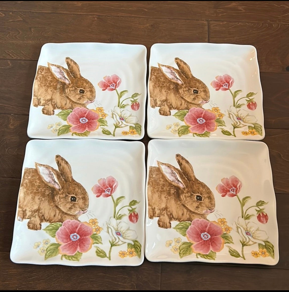 Set Of 4 Bunny Rabbit Salad Plates Ceramic New Floral Easter
