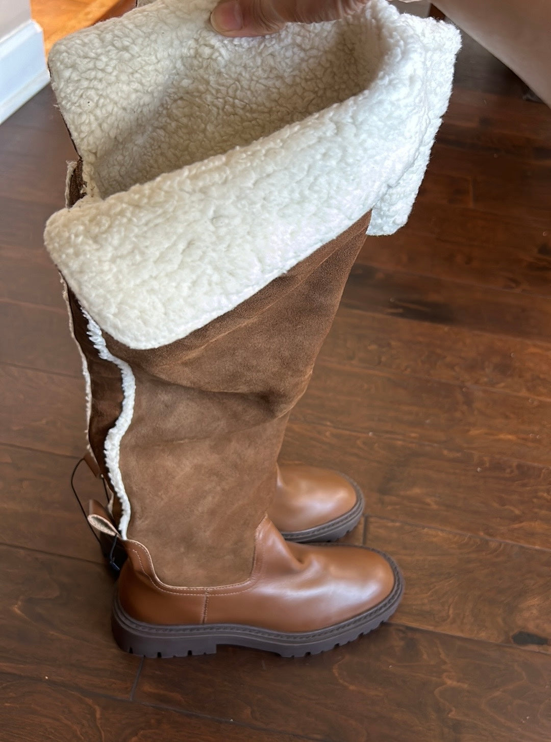 Zara Over The Knee Leather Suede Boots New Sz 7.5 Brown Shearling