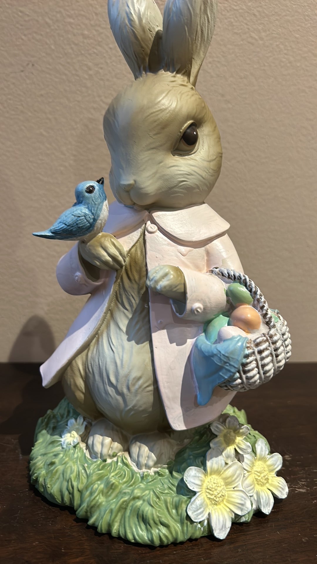 Cute Easter Bunny Rabbit With Egg Basket And Bird On Hand New Figurine 12”