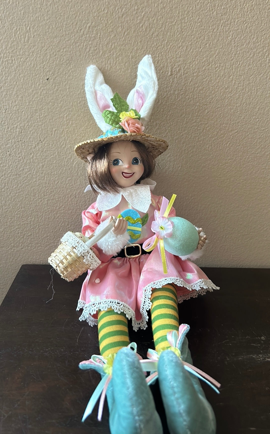 Cynthia Rowley Easter Elf Fairy Doll 16" Shelf Sitter Holding Flowers & Egg