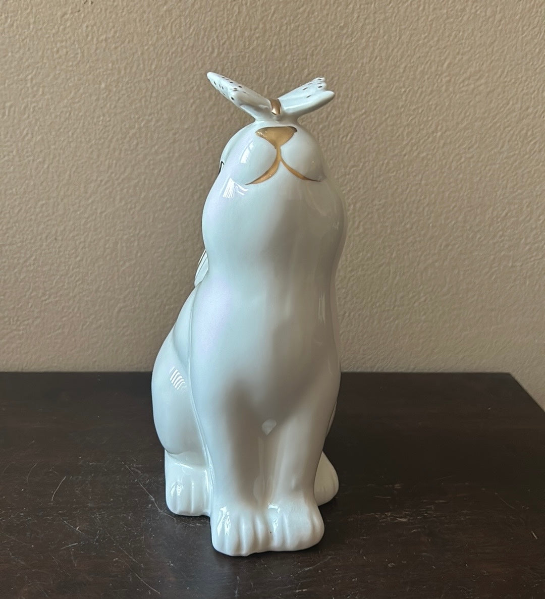 Cute White Easter Bunny Kissing Butterfly Figurine Spring Decor New Ceramic 9”