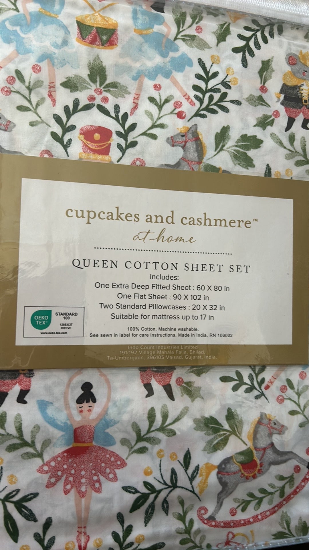 Cupcakes & Cashmere Queen Sheet Set New Christmas Ballerina Nutcrackers Holly