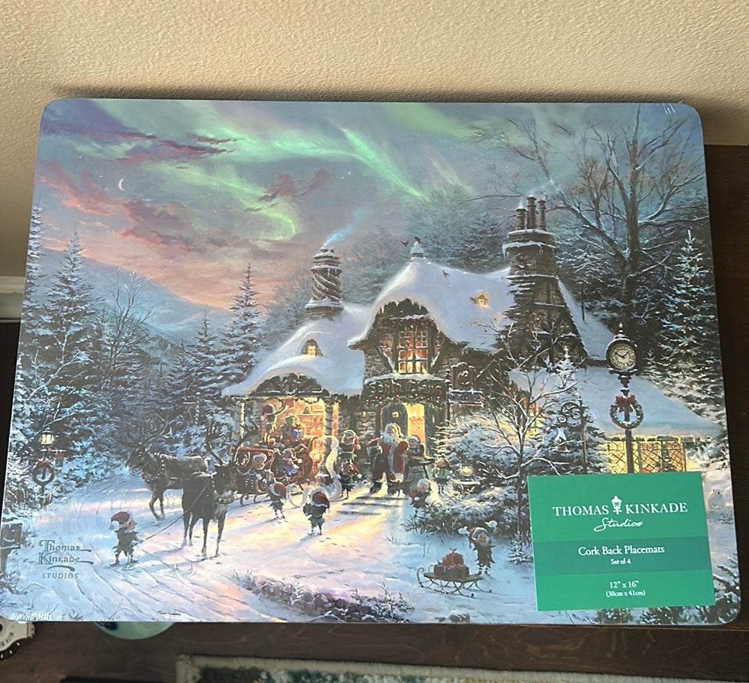 Thomas Kinkade Set Of 4 Cork Placemats New Christmas Scene Santa Kids Snow