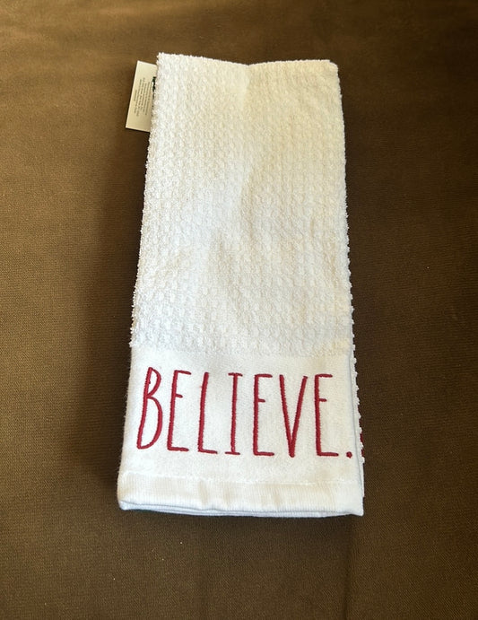 Rae Dunn Christmas Believe Be Merry Ho Ho Kitchen Towels Set of 3 Embroidered