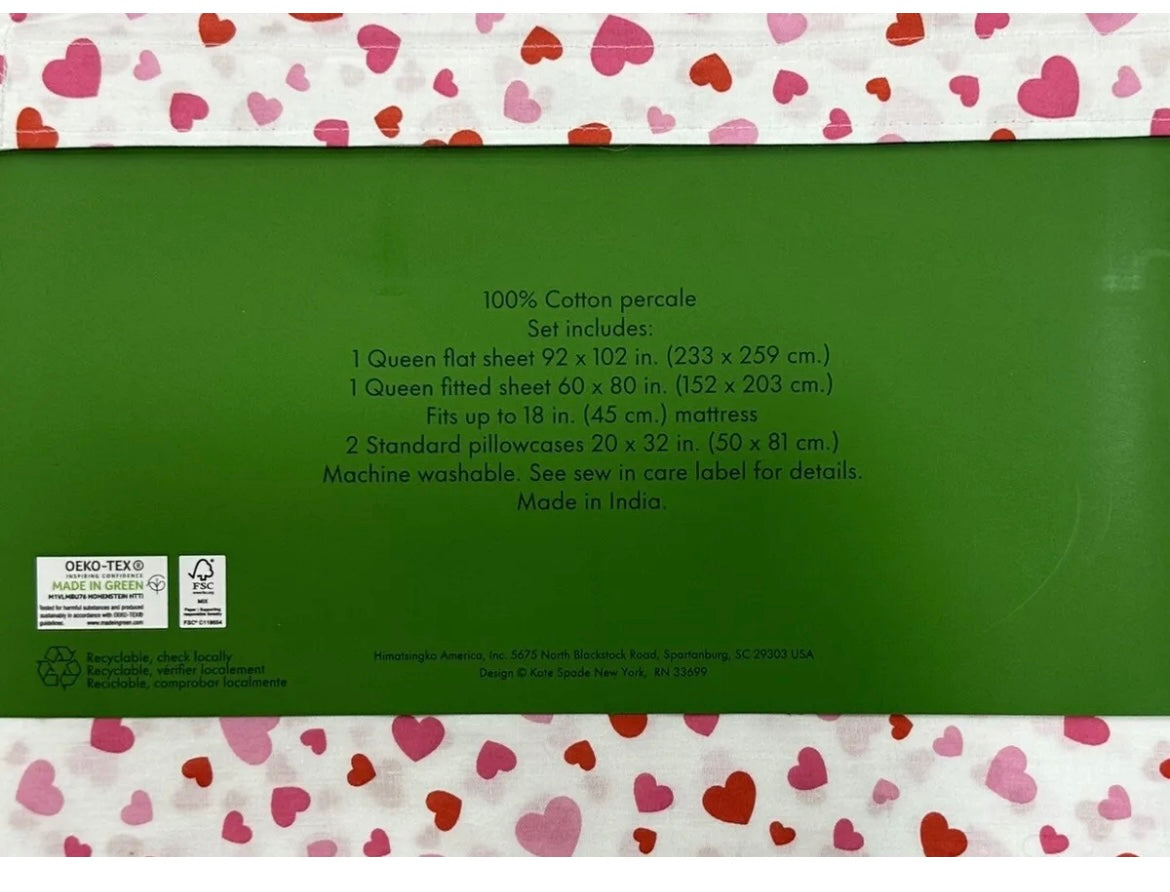 Kate Spade QUEEN Sheet Set Cotton Percale PINK & RED Hearts on White Sheets NWT