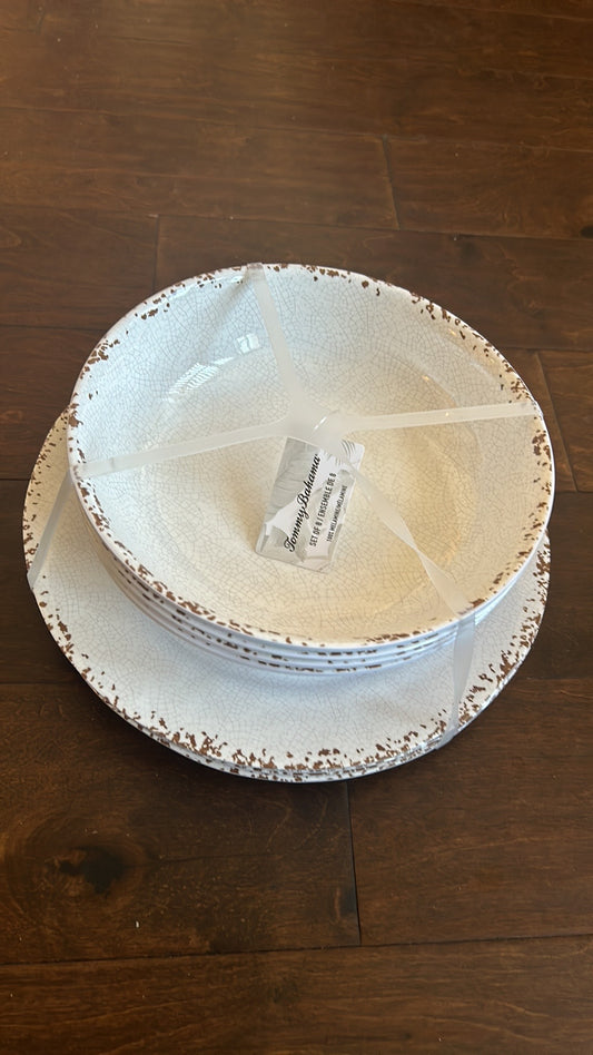 Tommy Bahama 8 Pc Set Off White  Melamine 4 Dinner Plates.4 Salad Bowls Crackle