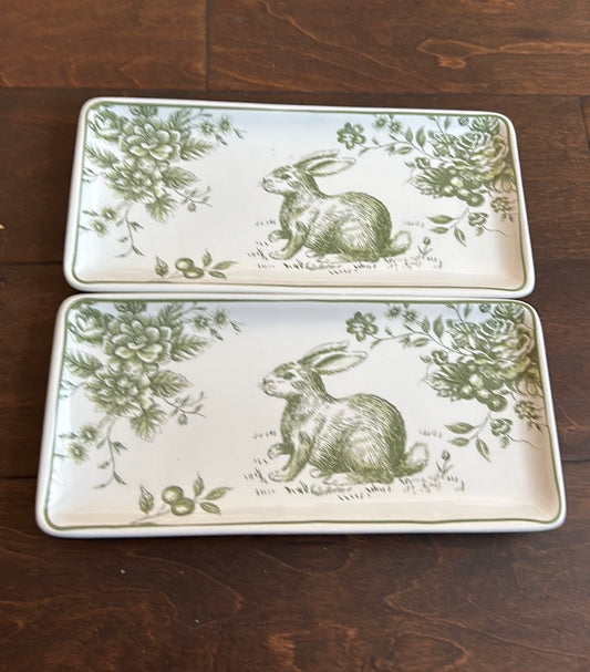 Set Of 2 Ceramic Serving Platters New Easter Bunny Floral 10.5” X5” Green