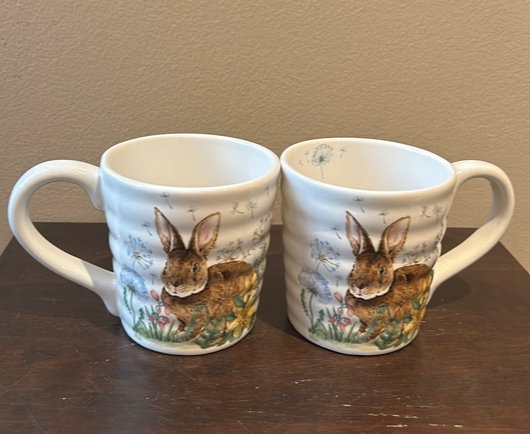 Coffee Mugs Set Of 2 Cups New Easter Bunny Floral Spring Pattern