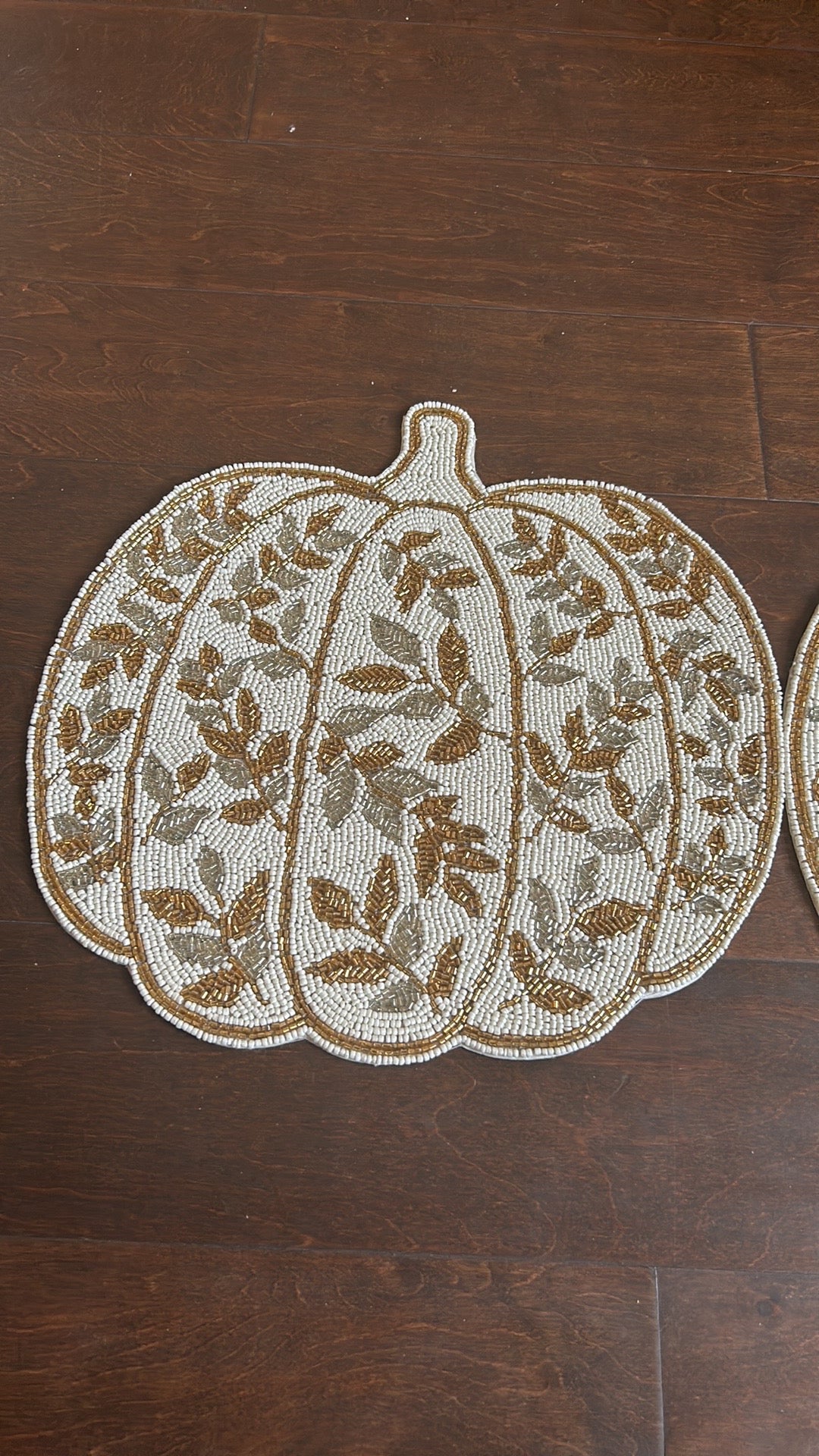 Tahari Set Of 2  Beaded Placemat Charger Pumpkins Fall Thanksgiving Silver Gold