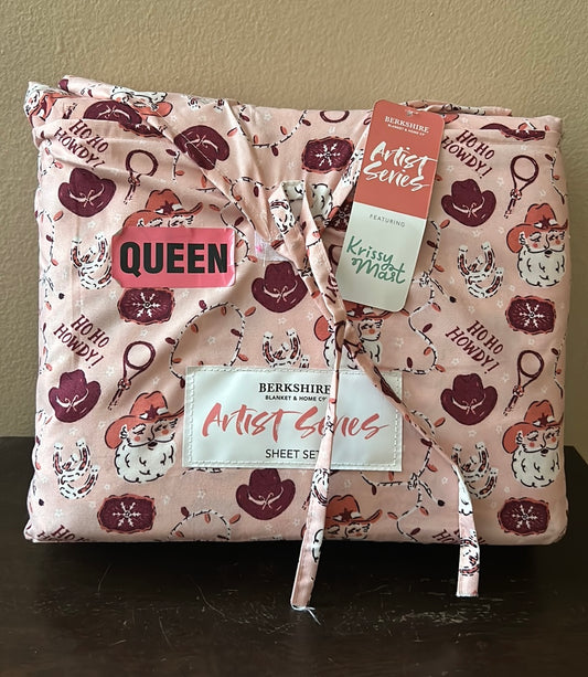 Berkshire Queen Sheet Set Western Themed Christmas Santa Howdy Cowboy Hat New