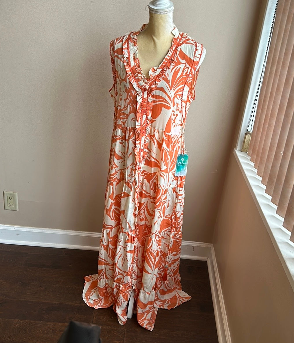 True Destinations Womens Printed Orange Off White Coverup Maxi Tropical