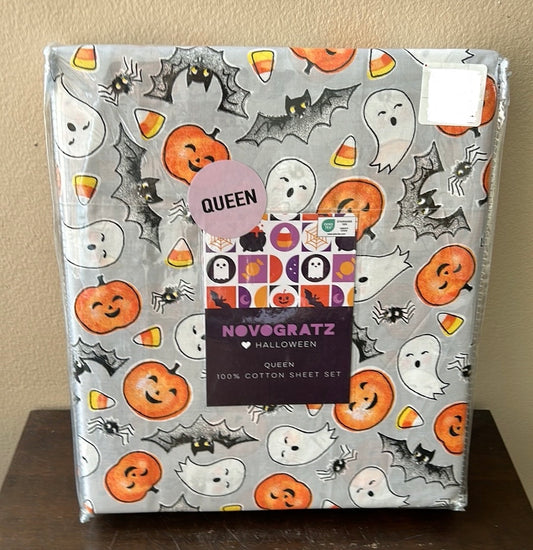 Novogratz Sheet Set Queen Size Cotton Halloween Ghosts Pumpkin Bats Candy Corn