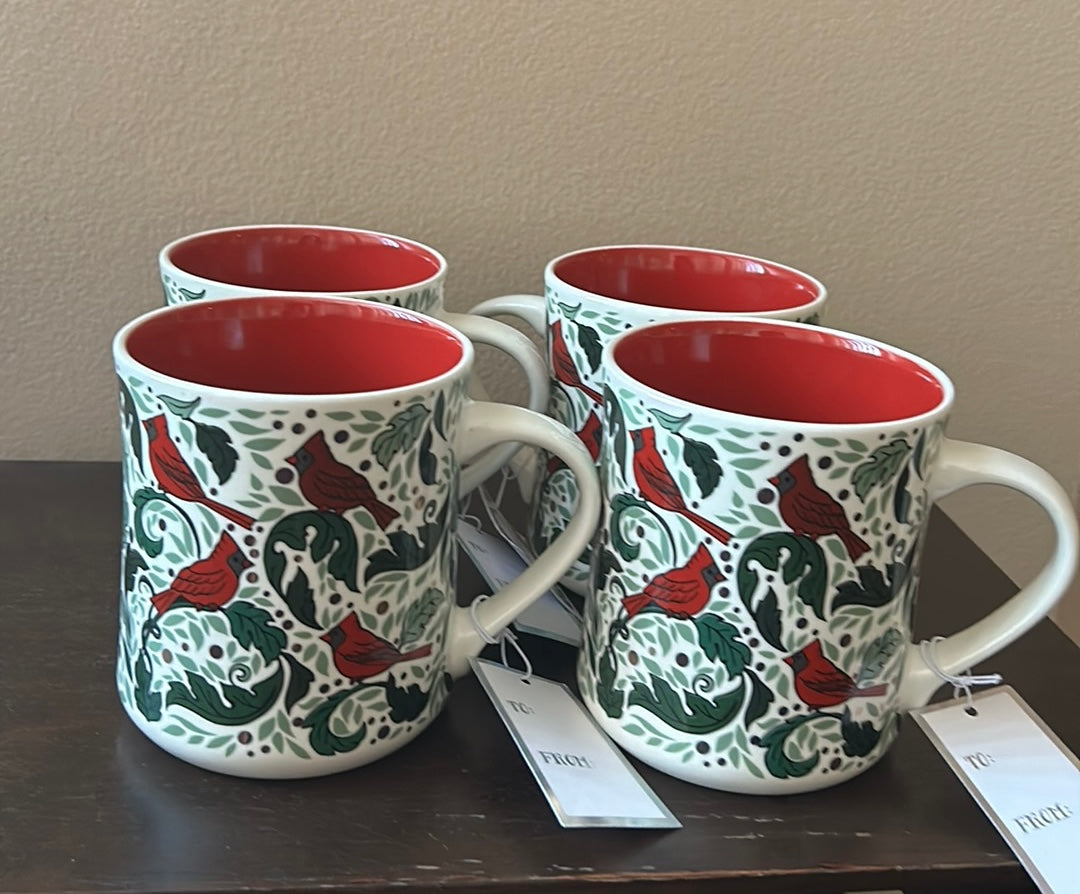 Peppermint & Pine Set Of 4 Christmas Mugs New Red Cardinal