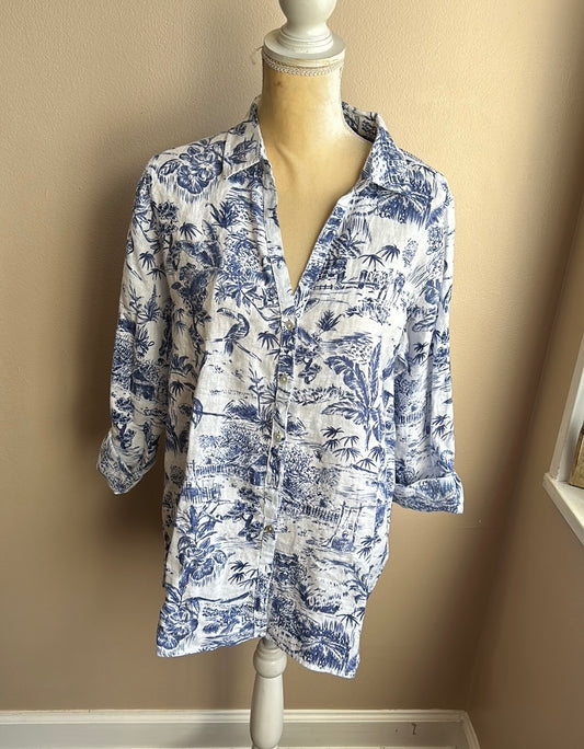 Joie Womens Linen Shirt Top Blue White Tropical New Birds Floral Sz