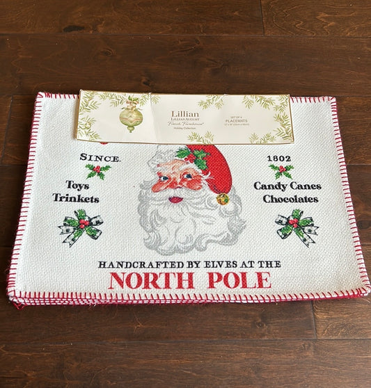 Lillian August Set Of 4 Placemats New Christmas Santa Claus White Red