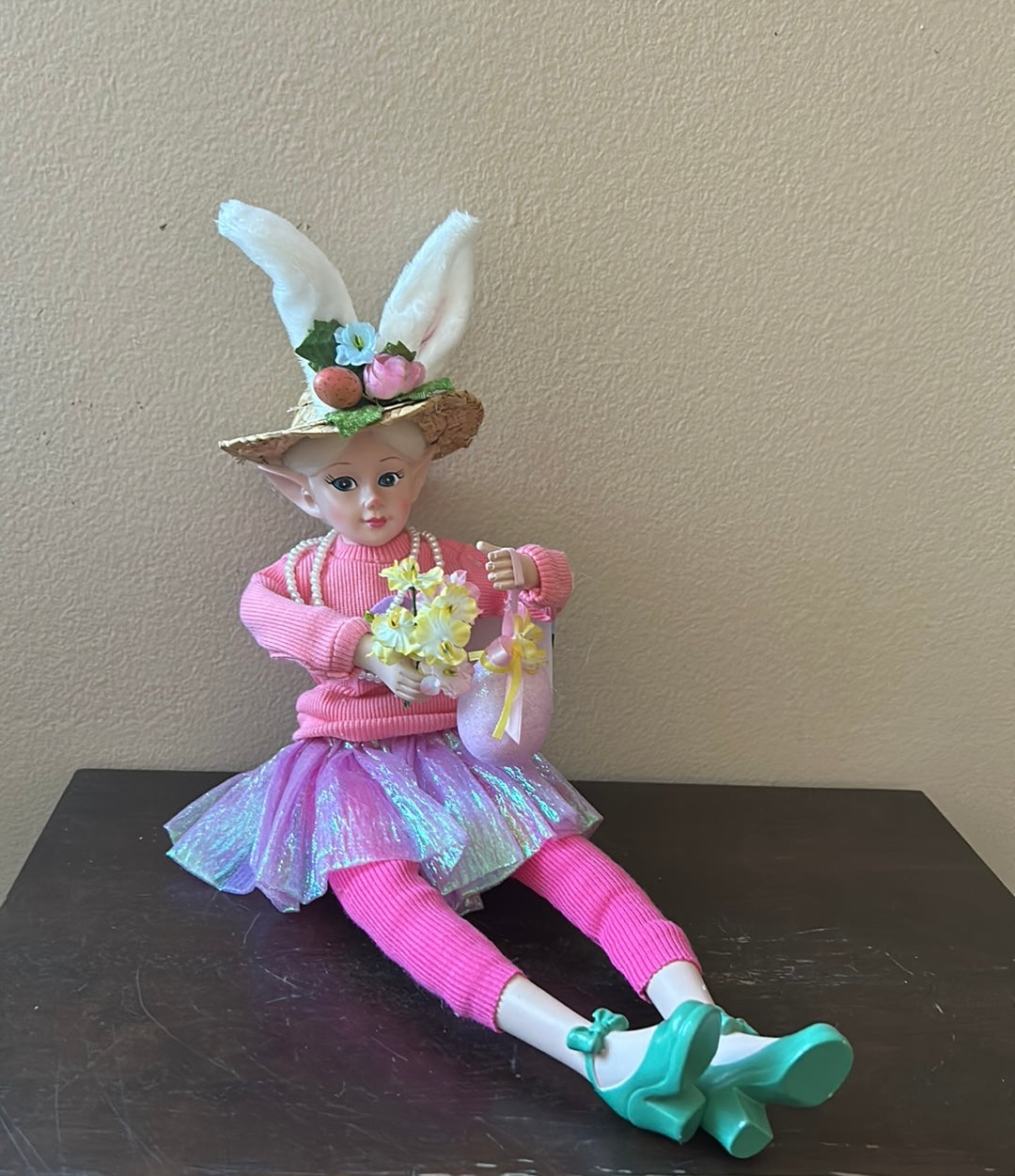 Cynthia Rowley Easter Elf Fairy Doll 16" Shelf Sitter Holding Flowers & Egg