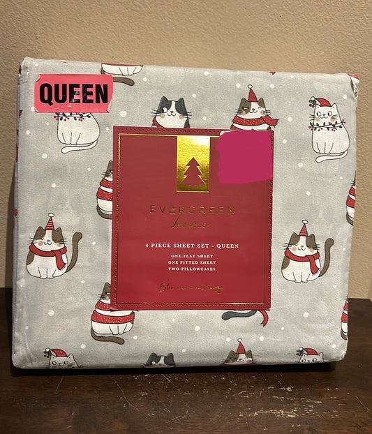 Evergreen Home Queen Sheet Set Holiday 4 Pc Christmas Cats New