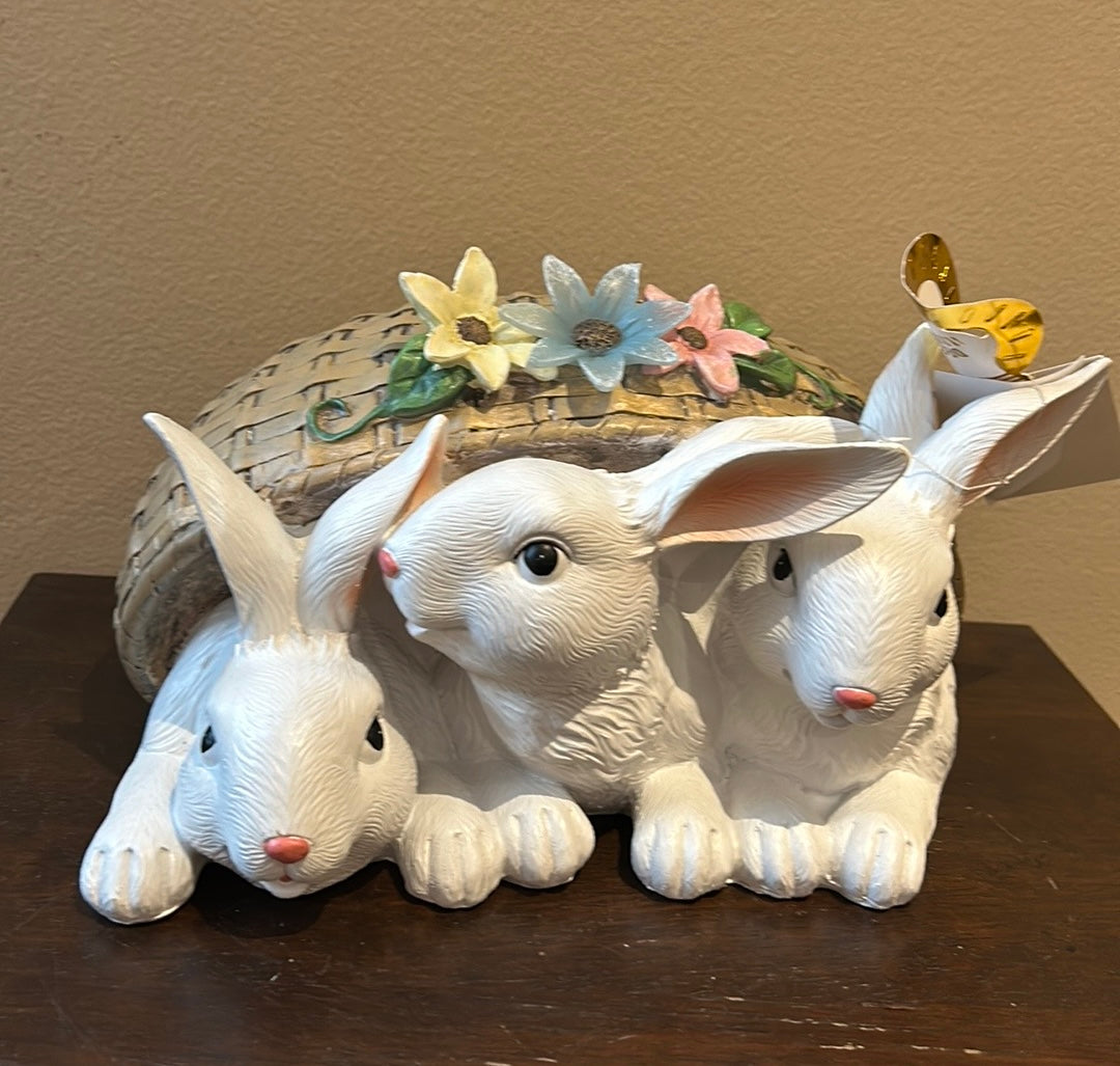 3 Cute Easter Bunnies In A Basket Light Up Figurine New