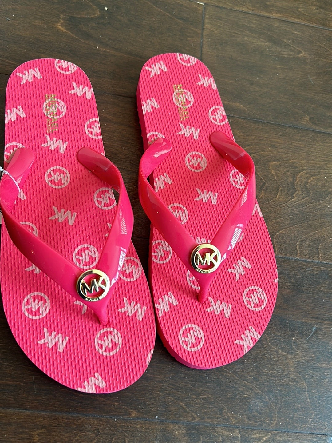 Michael Kors Womens Flip Flops Sz 9 Gold MK Logo Deep Pink Gold